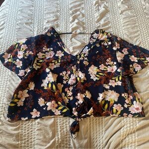 Love, Fire 3X Short Sleeve Button Down Tied Floral Navy Crop Top